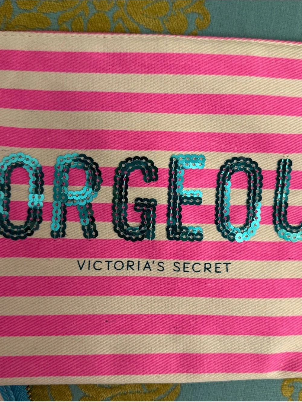 NWT Victoria's Secret Set Of 3 Striped Sequin Pouches - Blue, Pink, Lime Green